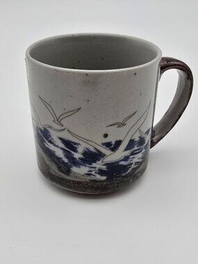 Otagiri Stoneware Mug Seascape Japan Coastal Coffee Cup Blue 4”x4.25” Vintage